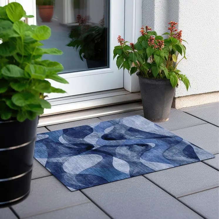 2' X 3' Navy Blue Abstract Washable Non Skid Indoor Outdoor Area Rug