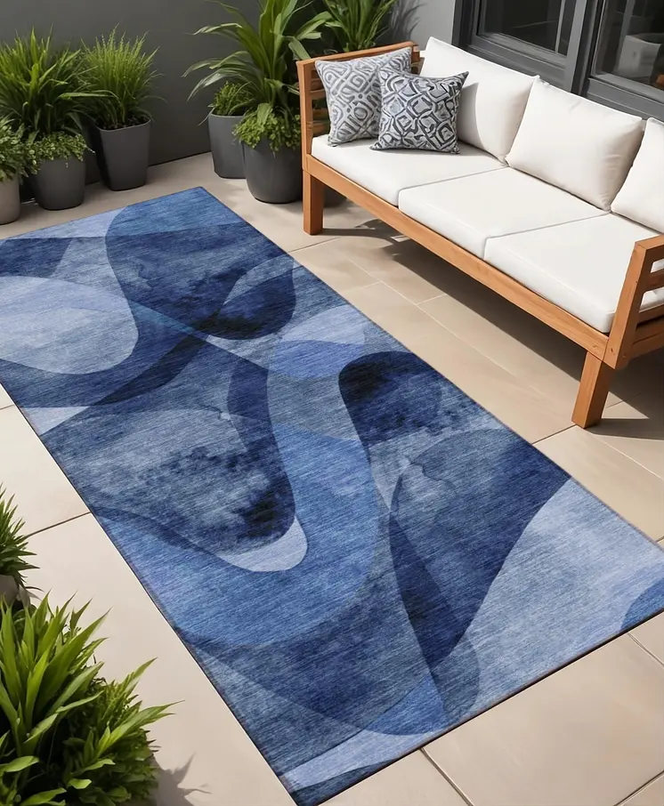 2' X 8' Navy Blue Abstract Washable Non Skid Indoor Outdoor Runner Rug