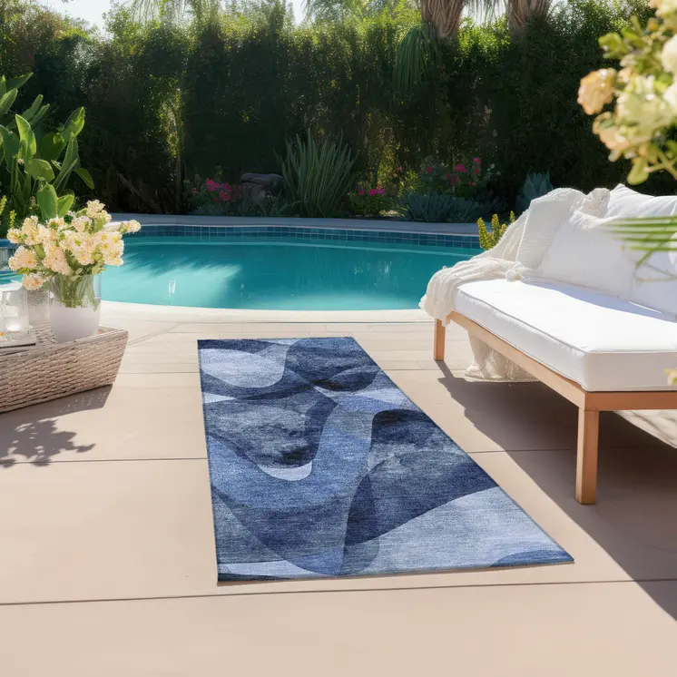 2' X 8' Navy Blue Abstract Washable Non Skid Indoor Outdoor Runner Rug