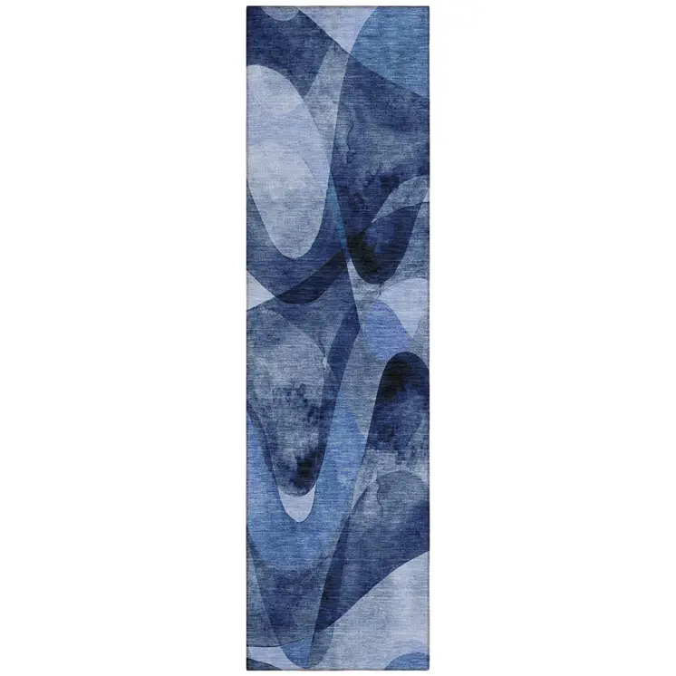 2' X 8' Navy Blue Abstract Washable Non Skid Indoor Outdoor Runner Rug