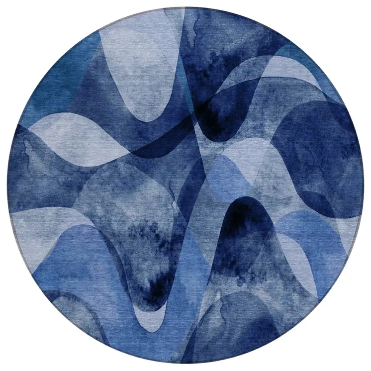 8' X 8' Navy Blue Round Abstract Washable Non Skid Indoor Outdoor Area Rug
