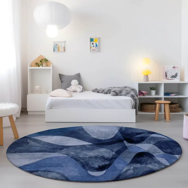 8' X 8' Navy Blue Round Abstract Washable Non Skid Indoor Outdoor Area Rug