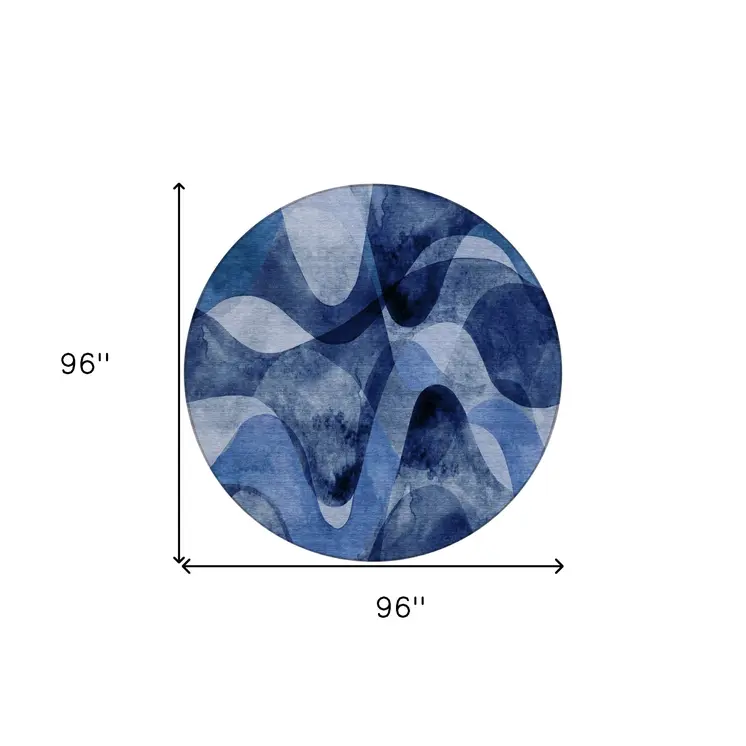 8' X 8' Navy Blue Round Abstract Washable Non Skid Indoor Outdoor Area Rug