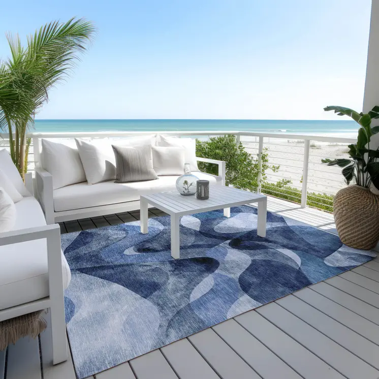 10' X 14' Navy Blue Abstract Washable Non Skid Indoor Outdoor Area Rug