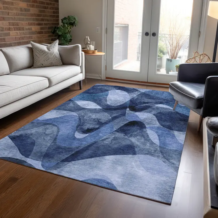 10' X 14' Navy Blue Abstract Washable Non Skid Indoor Outdoor Area Rug