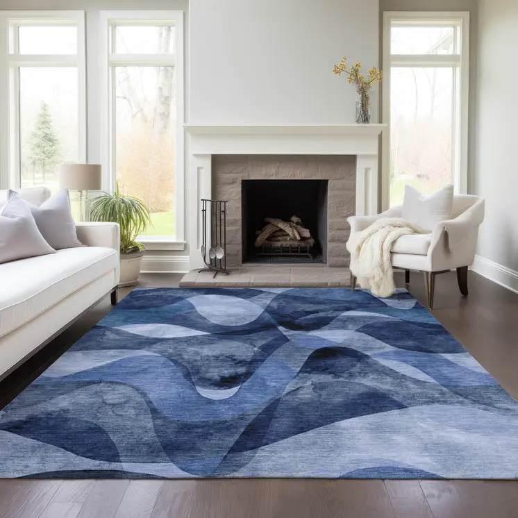 10' X 14' Navy Blue Abstract Washable Non Skid Indoor Outdoor Area Rug