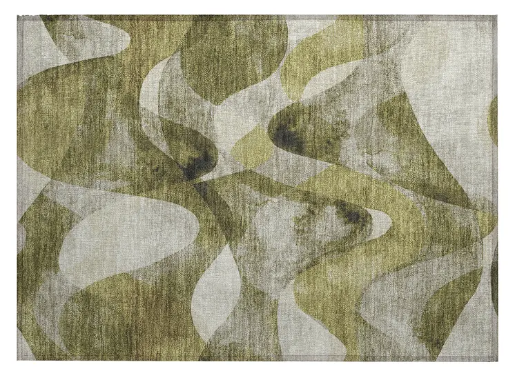 2' X 3' Olive Green Abstract Washable Non Skid Indoor Outdoor Area Rug