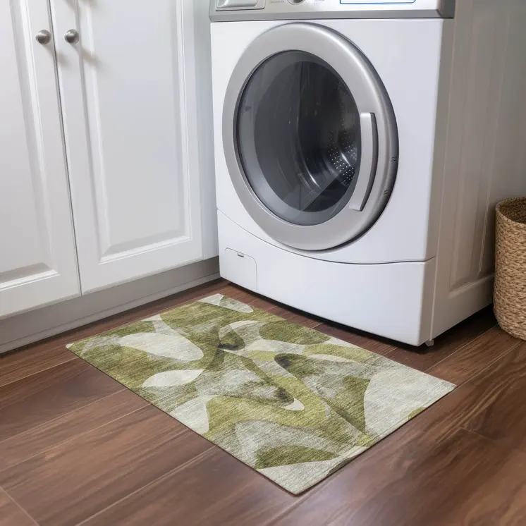 2' X 3' Olive Green Abstract Washable Non Skid Indoor Outdoor Area Rug