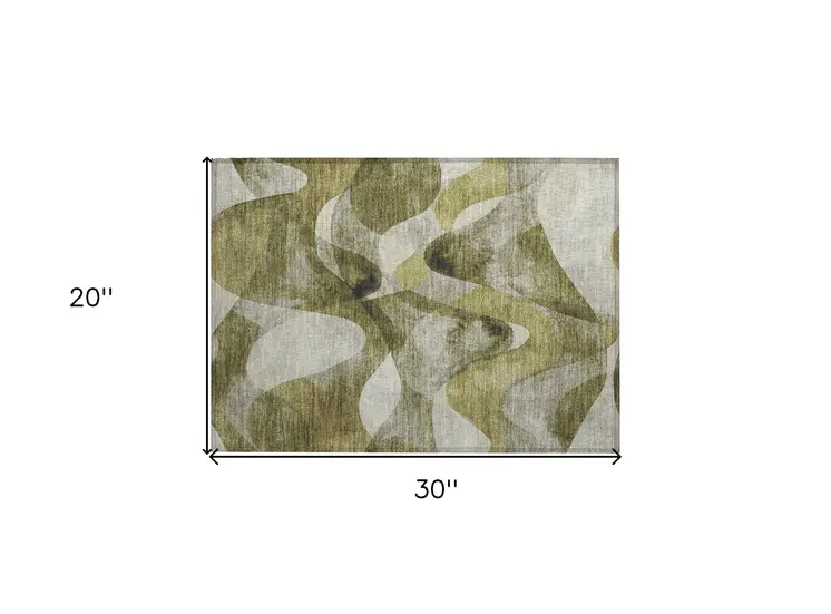 2' X 3' Olive Green Abstract Washable Non Skid Indoor Outdoor Area Rug