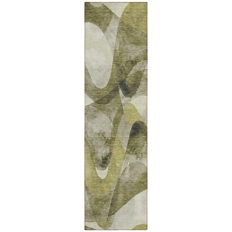 2' X 8' Olive Green Abstract Washable Non Skid Indoor Outdoor Runner Rug