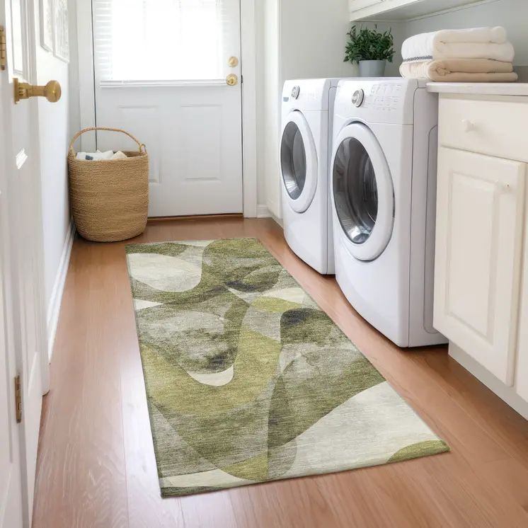 2' X 8' Olive Green Abstract Washable Non Skid Indoor Outdoor Runner Rug