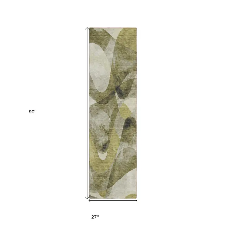 2' X 8' Olive Green Abstract Washable Non Skid Indoor Outdoor Runner Rug