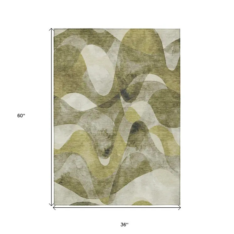 3' X 5' Olive Green Abstract Washable Non Skid Indoor Outdoor Area Rug