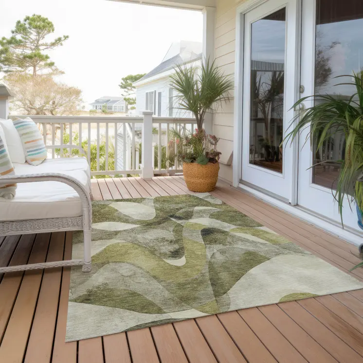 3' X 5' Olive Green Abstract Washable Non Skid Indoor Outdoor Area Rug