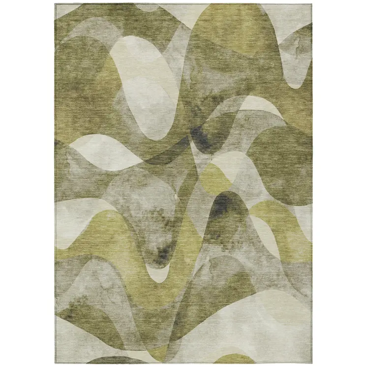 3' X 5' Olive Green Abstract Washable Non Skid Indoor Outdoor Area Rug