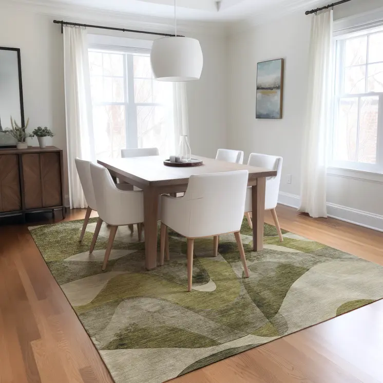3' X 5' Olive Green Abstract Washable Non Skid Indoor Outdoor Area Rug