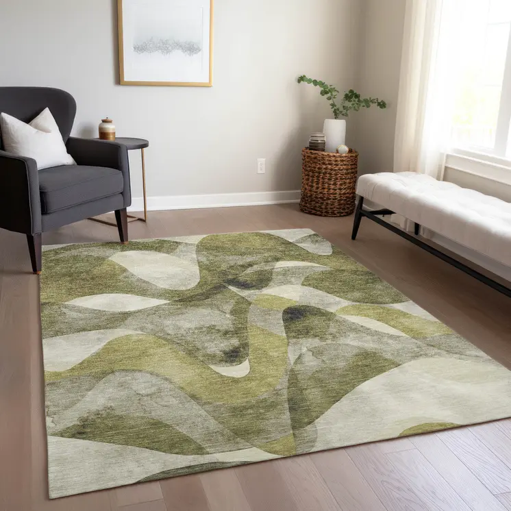 3' X 5' Olive Green Abstract Washable Non Skid Indoor Outdoor Area Rug