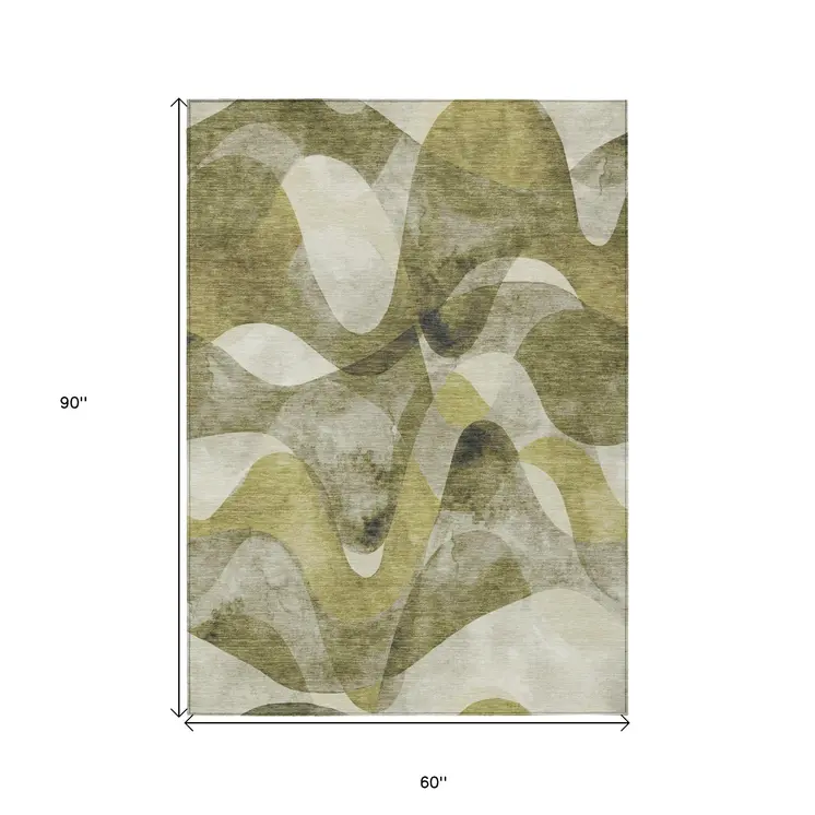 5' X 8' Olive Green Abstract Washable Non Skid Indoor Outdoor Area Rug