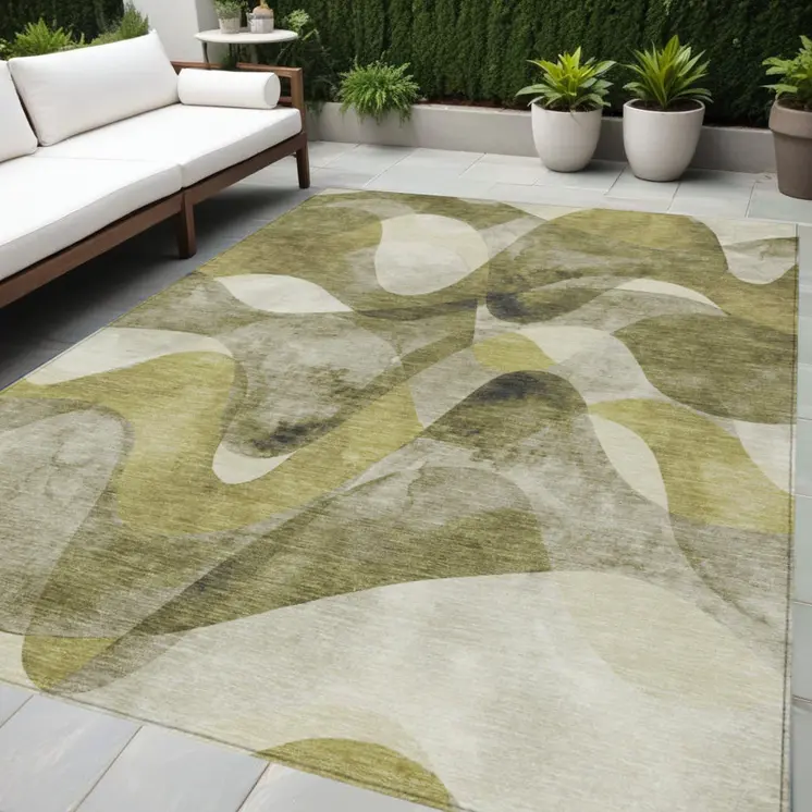 5' X 8' Olive Green Abstract Washable Non Skid Indoor Outdoor Area Rug