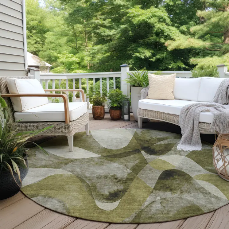 8' X 8' Olive Green Round Abstract Washable Non Skid Indoor Outdoor Area Rug