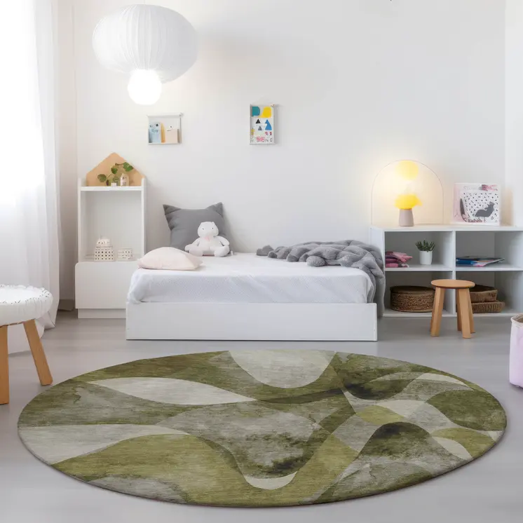 8' X 8' Olive Green Round Abstract Washable Non Skid Indoor Outdoor Area Rug