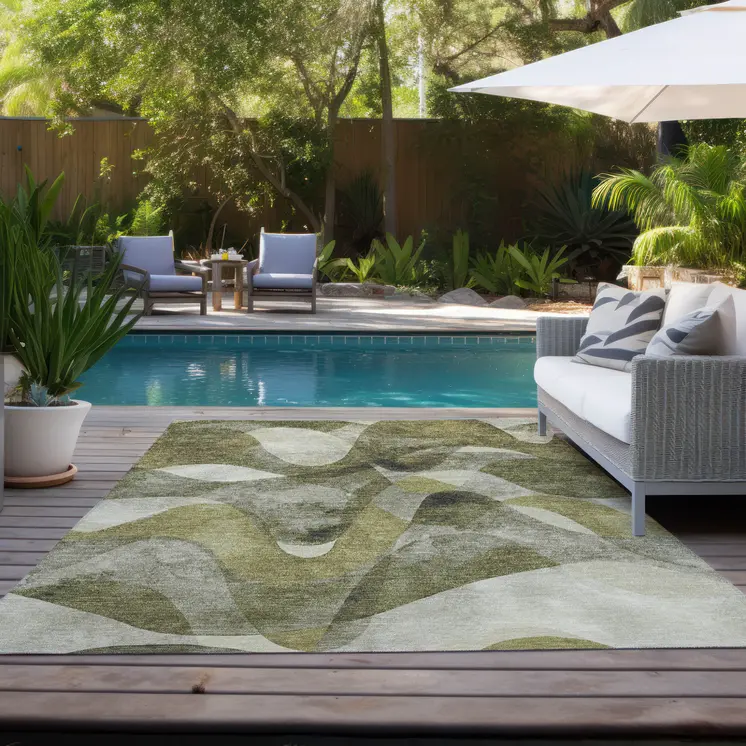8' X 10' Olive Green Abstract Washable Non Skid Indoor Outdoor Area Rug