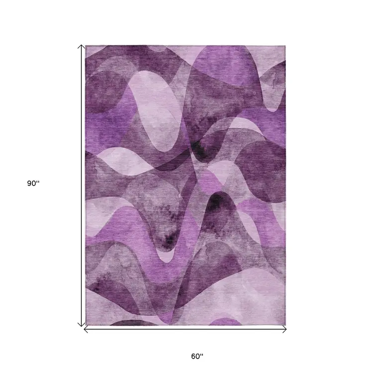 5' X 8' Purple Abstract Washable Non Skid Indoor Outdoor Area Rug