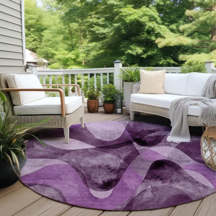 8' X 8' Purple Round Abstract Washable Non Skid Indoor Outdoor Area Rug