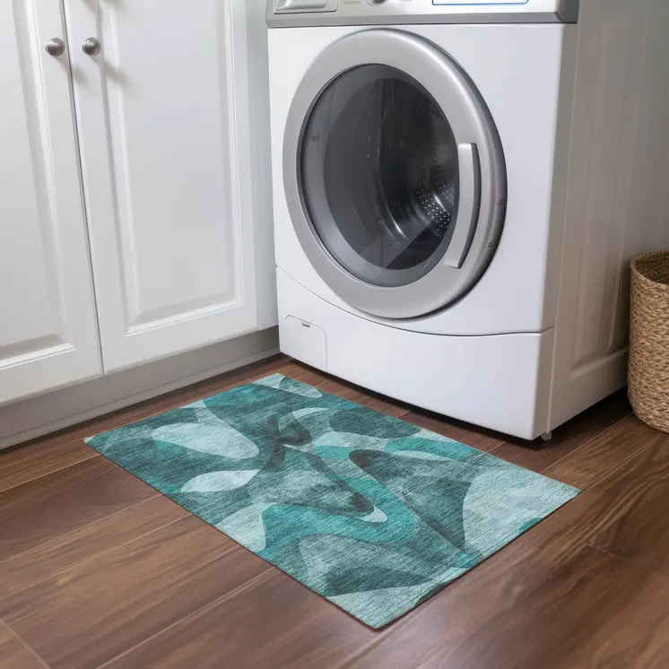 2' X 3' Teal Abstract Washable Non Skid Indoor Outdoor Area Rug
