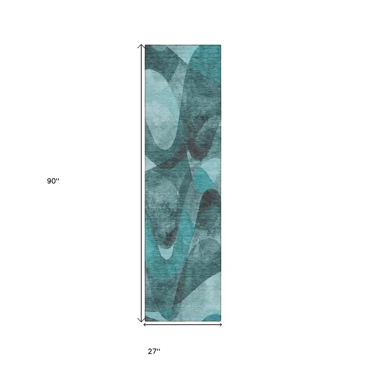 8' Runner Teal Abstract Washable Non Skid Indoor Outdoor Runner Rug