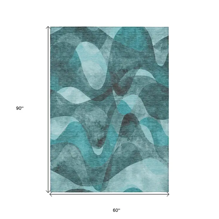 5' X 8' Teal Abstract Washable Non Skid Indoor Outdoor Area Rug
