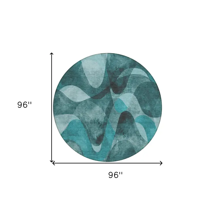 8' Round Teal Round Abstract Washable Non Skid Indoor Outdoor Area Rug