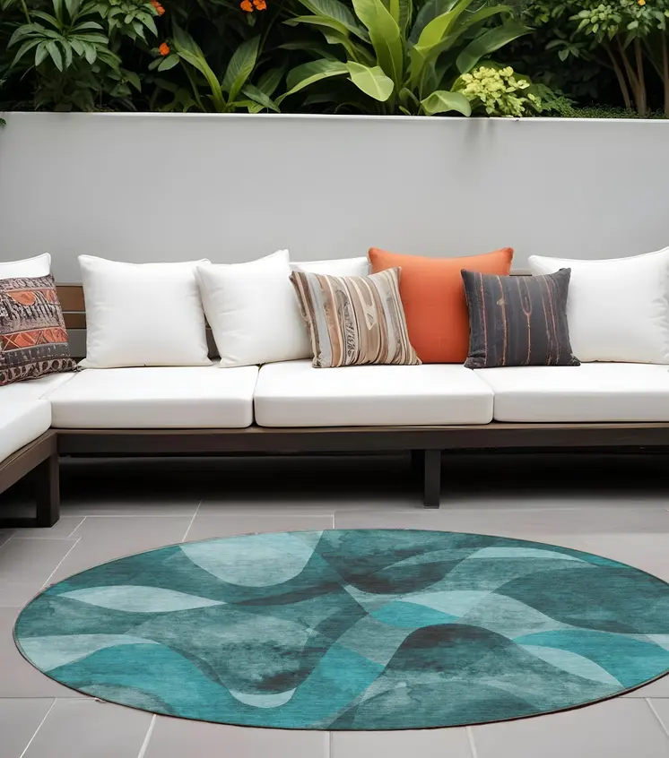 8' Round Teal Round Abstract Washable Non Skid Indoor Outdoor Area Rug
