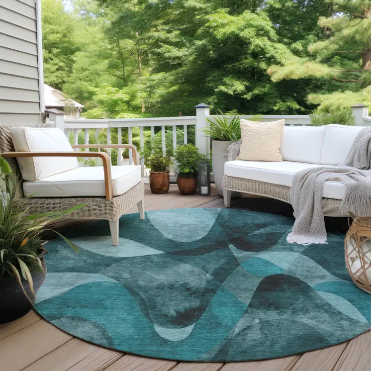 8' Round Teal Round Abstract Washable Non Skid Indoor Outdoor Area Rug