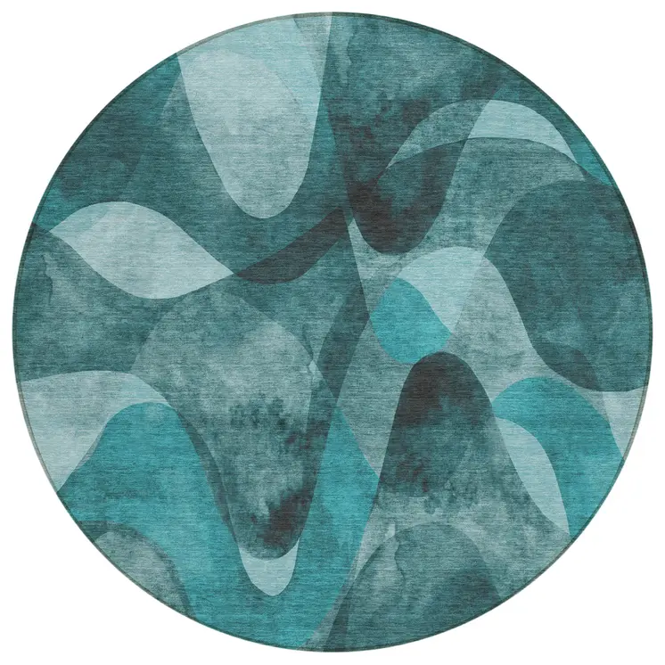 8' Round Teal Round Abstract Washable Non Skid Indoor Outdoor Area Rug