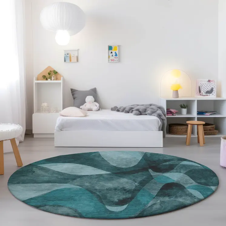 8' Round Teal Round Abstract Washable Non Skid Indoor Outdoor Area Rug