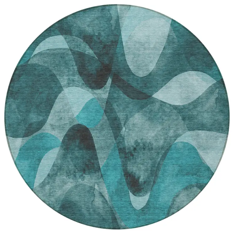 8' Round Teal Round Abstract Washable Non Skid Indoor Outdoor Area Rug