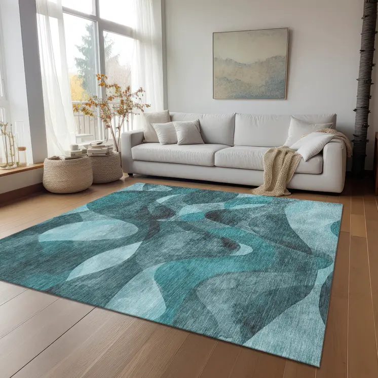 9' X 12' Teal Abstract Washable Non Skid Indoor Outdoor Area Rug