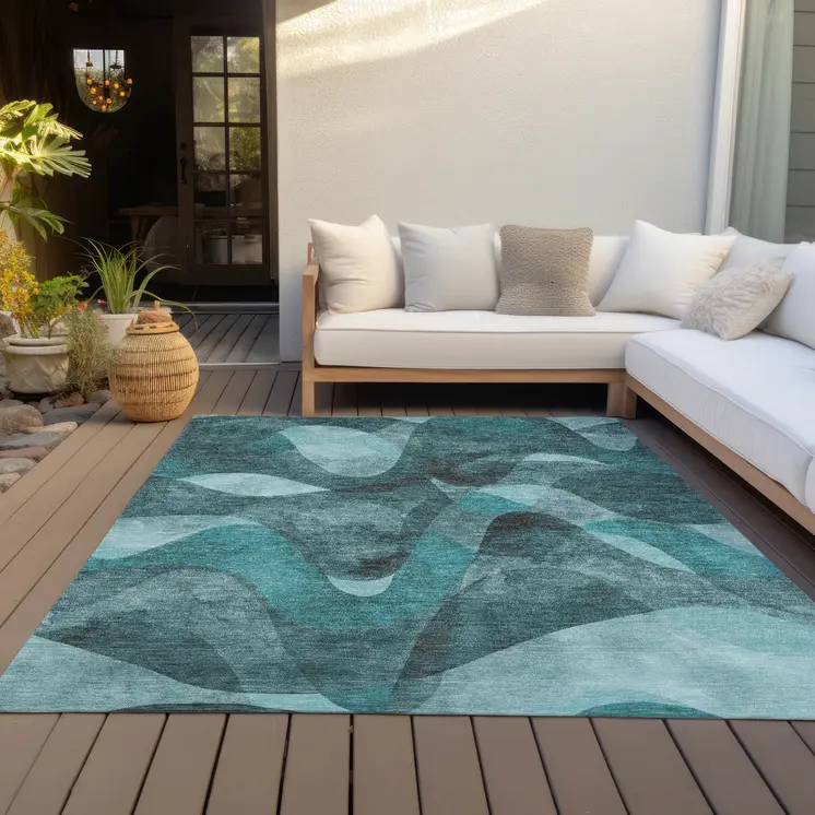 9' X 12' Teal Abstract Washable Non Skid Indoor Outdoor Area Rug