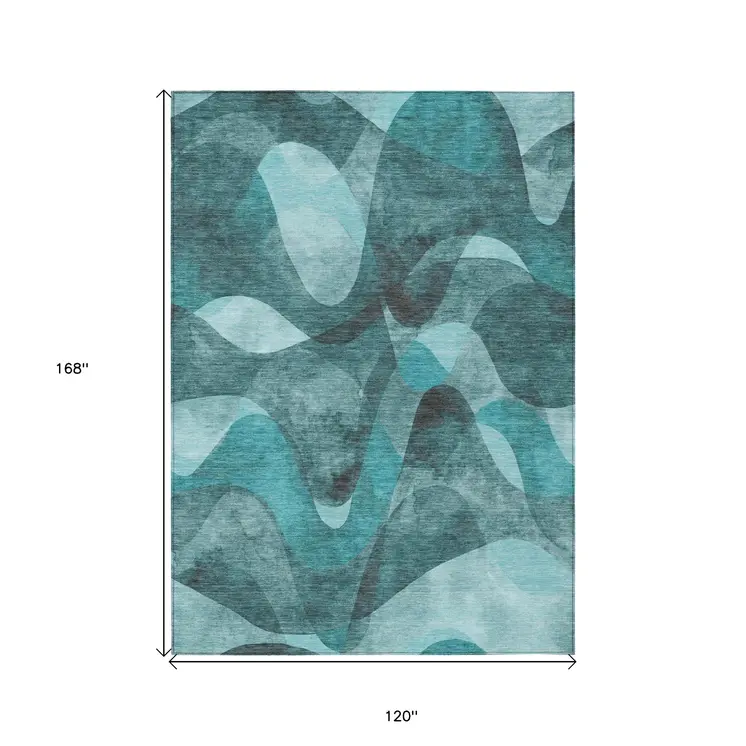 10' X 14' Teal Abstract Washable Non Skid Indoor Outdoor Area Rug