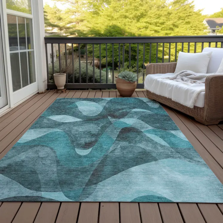 10' X 14' Teal Abstract Washable Non Skid Indoor Outdoor Area Rug