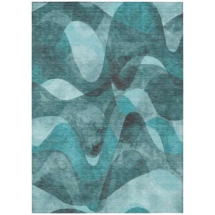 10' X 14' Teal Abstract Washable Non Skid Indoor Outdoor Area Rug