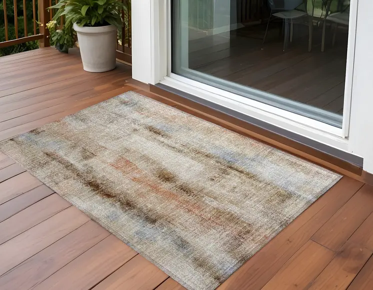 2' X 3' Beige and Brown Washable Non Skid Indoor Outdoor Area Rug