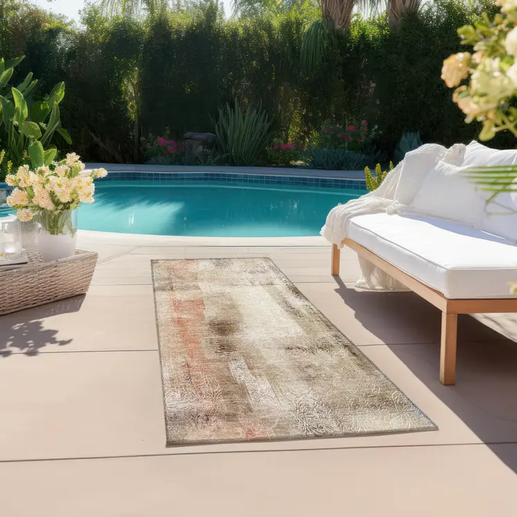 2' X 8' Beige and Brown Washable Non Skid Indoor Outdoor Runner Rug