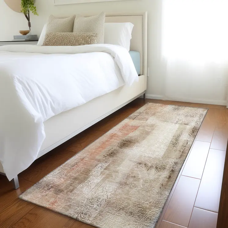 2' X 8' Beige and Brown Washable Non Skid Indoor Outdoor Runner Rug