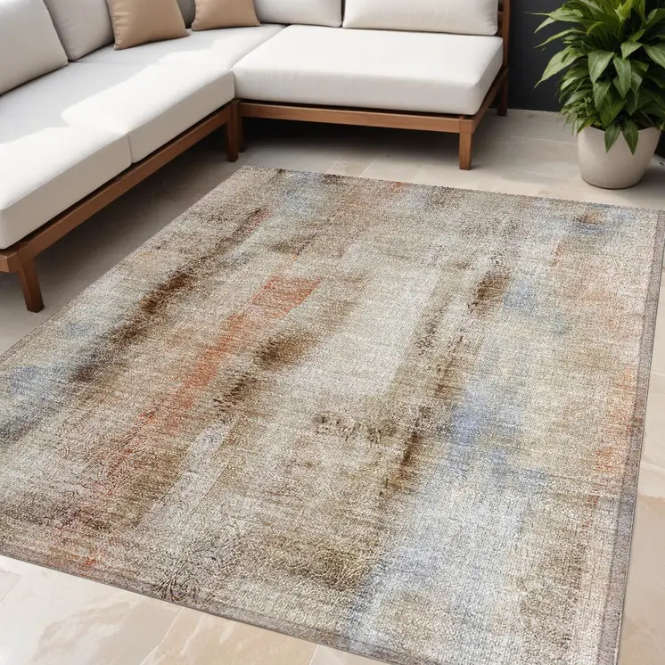 5' X 8' Beige and Brown Washable Non Skid Indoor Outdoor Area Rug