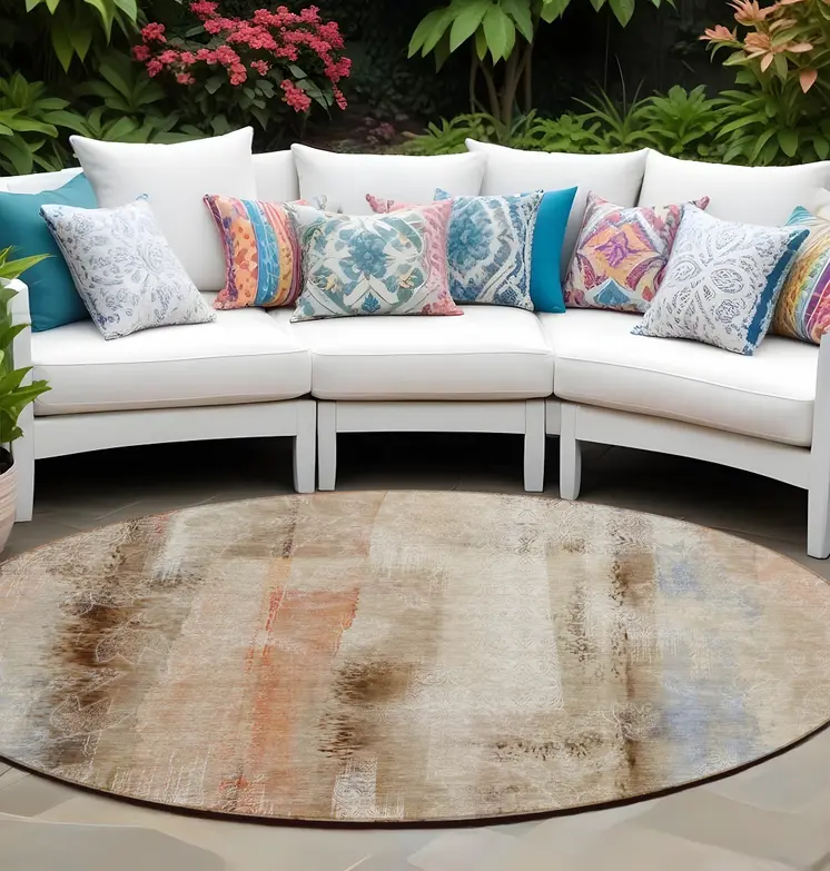 8' Round Beige and Brown Round Washable Non Skid Indoor Outdoor Area Rug