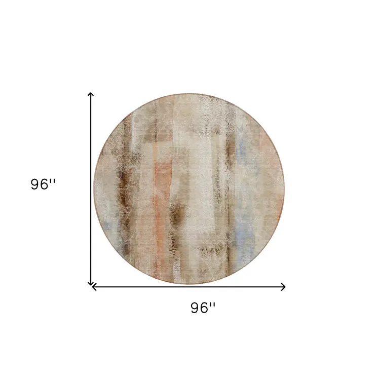 8' Round Beige and Brown Round Washable Non Skid Indoor Outdoor Area Rug