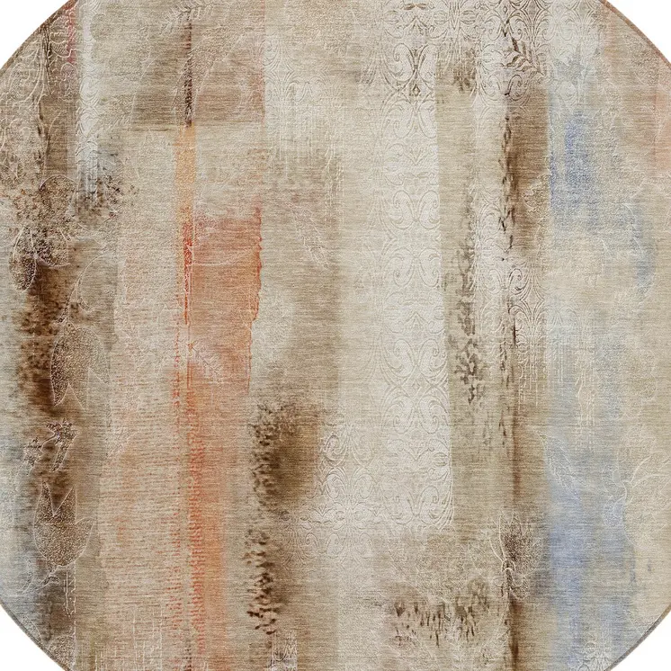 8' Round Beige and Brown Round Washable Non Skid Indoor Outdoor Area Rug