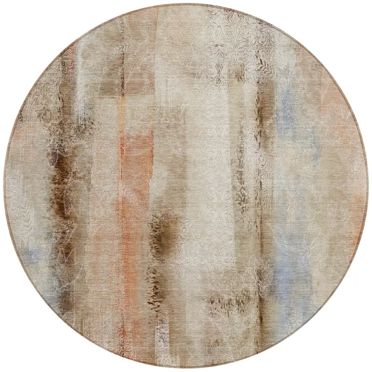 8' Round Beige and Brown Round Washable Non Skid Indoor Outdoor Area Rug